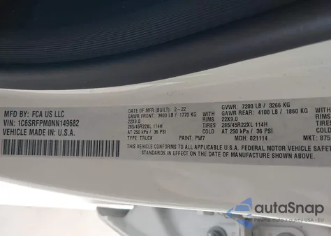 2022 Ram 1500 Limited 4X4 6'4 Box из США, поврежденный, VIN 1C6SRFPM0NN149682